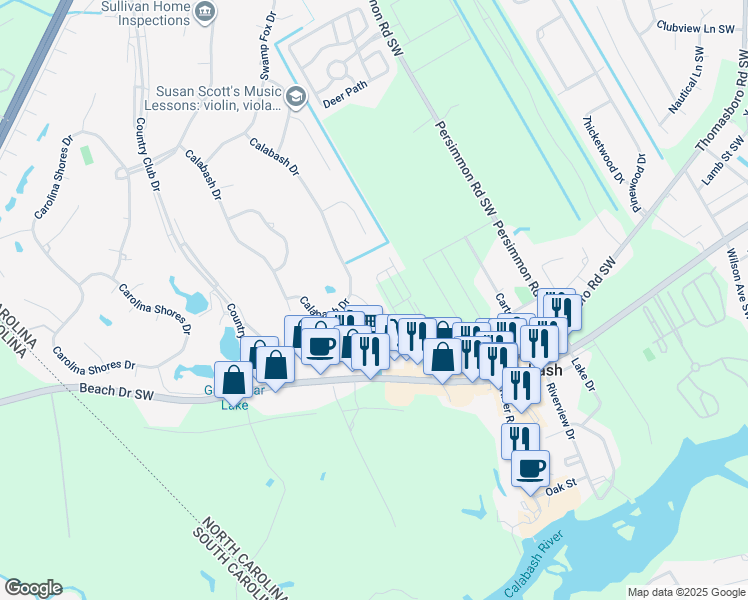 map of restaurants, bars, coffee shops, grocery stores, and more near 5 Topsail Court in Carolina Shores
