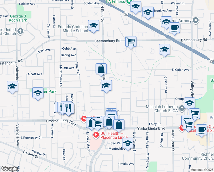 map of restaurants, bars, coffee shops, grocery stores, and more near Rose Drive in Yorba Linda