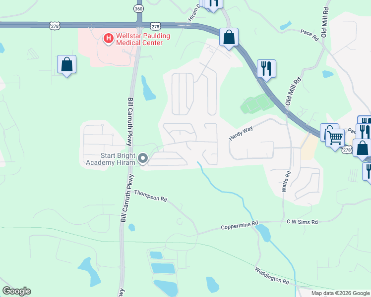 map of restaurants, bars, coffee shops, grocery stores, and more near 286 Greystone Parkway in Hiram