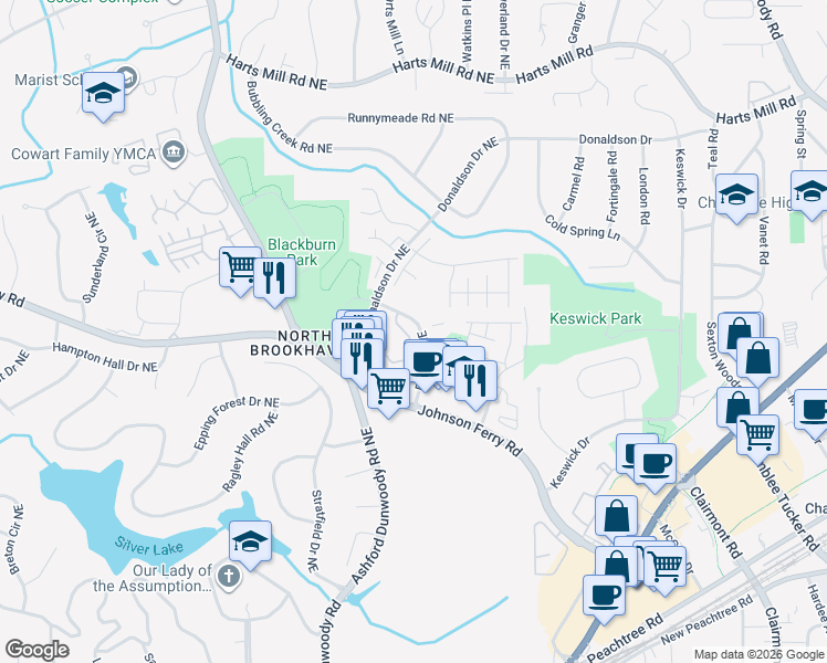 map of restaurants, bars, coffee shops, grocery stores, and more near 3522 Blair Circle Northeast in Atlanta