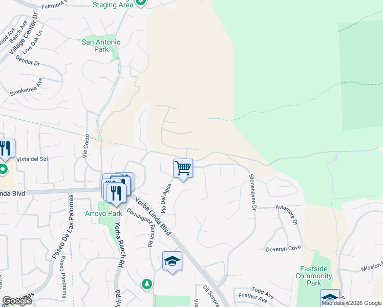 map of restaurants, bars, coffee shops, grocery stores, and more near 4971 Rideline Road in Yorba Linda
