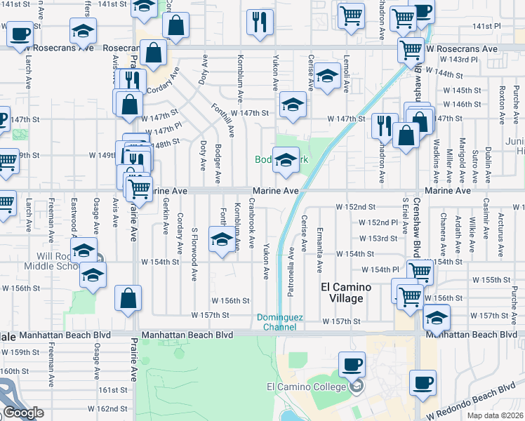 map of restaurants, bars, coffee shops, grocery stores, and more near 3645 West 152nd Street in Lawndale