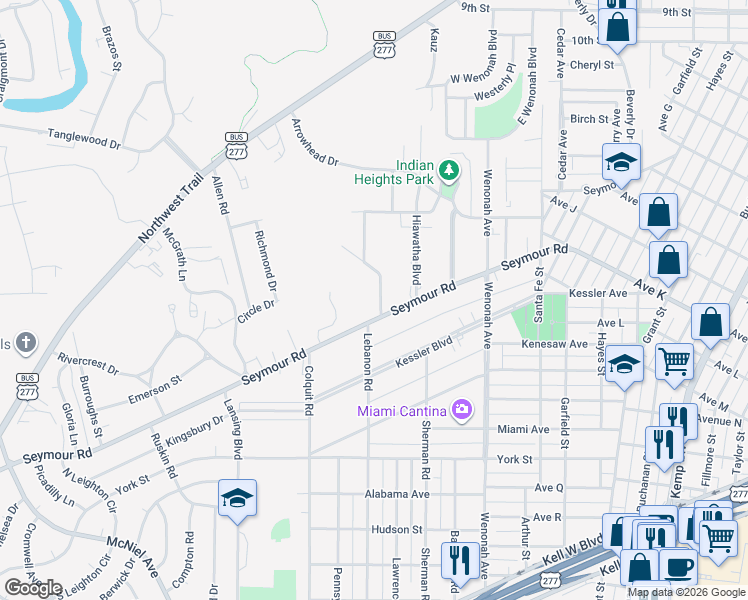 map of restaurants, bars, coffee shops, grocery stores, and more near 2110 Pawhuska Drive in Wichita Falls