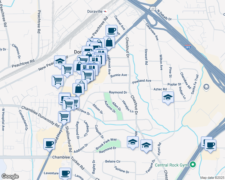 map of restaurants, bars, coffee shops, grocery stores, and more near 3580 Raymond Drive in Doraville