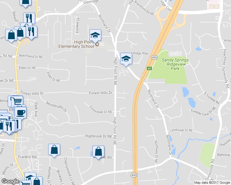 map of restaurants, bars, coffee shops, grocery stores, and more near 560 Forest Hills Drive in Atlanta