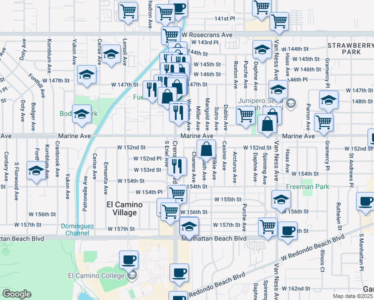 map of restaurants, bars, coffee shops, grocery stores, and more near 15200 Atkinson Avenue in Gardena