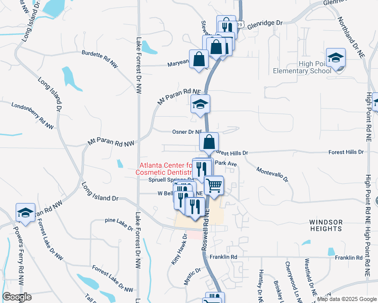 map of restaurants, bars, coffee shops, grocery stores, and more near 5180 Chemin De Vie Northeast in Sandy Springs