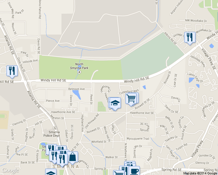 map of restaurants, bars, coffee shops, grocery stores, and more near 4026 Hawthorne Circle in Smyrna
