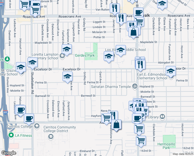 map of restaurants, bars, coffee shops, grocery stores, and more near 15106 McRae Avenue in Norwalk