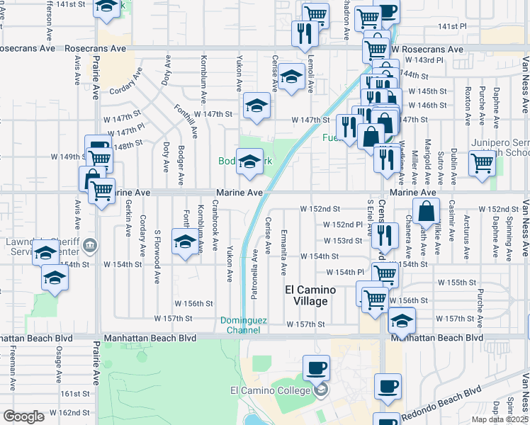 map of restaurants, bars, coffee shops, grocery stores, and more near 15205 Cerise Avenue in Gardena