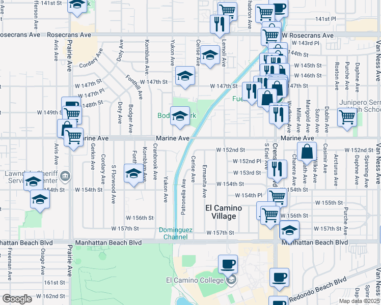 map of restaurants, bars, coffee shops, grocery stores, and more near 15205 Cerise Avenue in Gardena