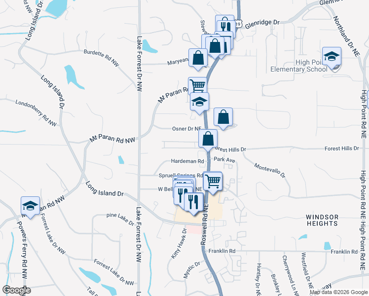 map of restaurants, bars, coffee shops, grocery stores, and more near 5190 Chemin De Vie Northeast in Sandy Springs