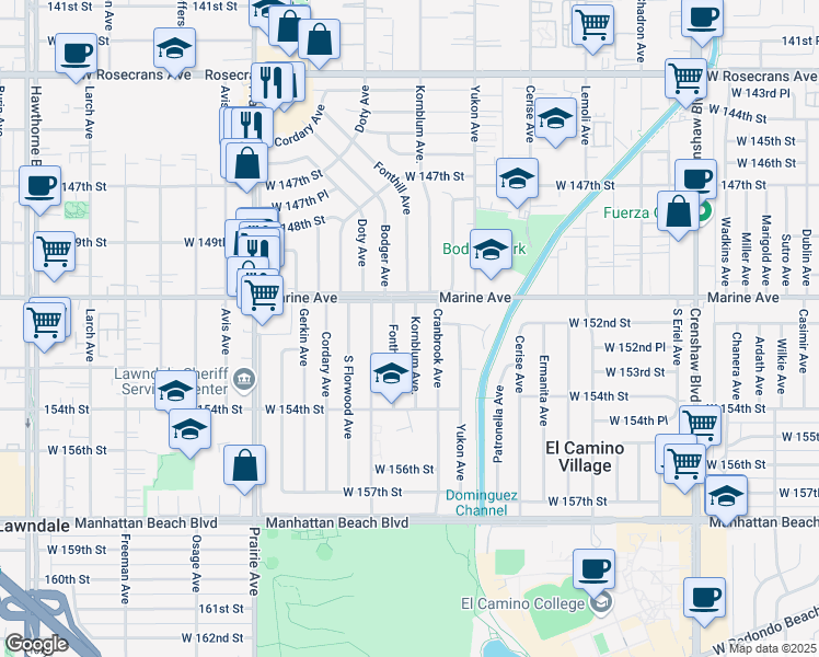 map of restaurants, bars, coffee shops, grocery stores, and more near 15116 Fonthill Avenue in Lawndale