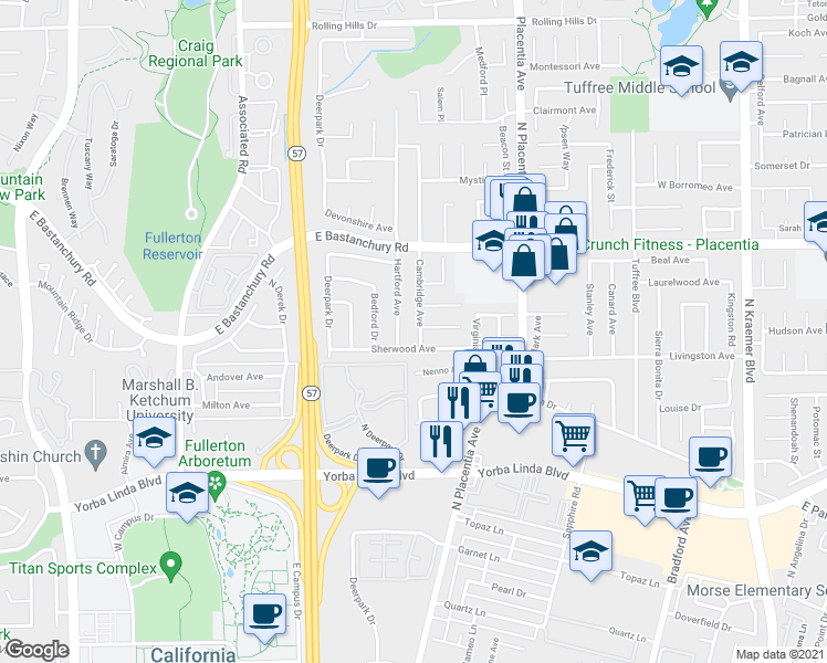 map of restaurants, bars, coffee shops, grocery stores, and more near 1731 Cambridge Avenue in Placentia