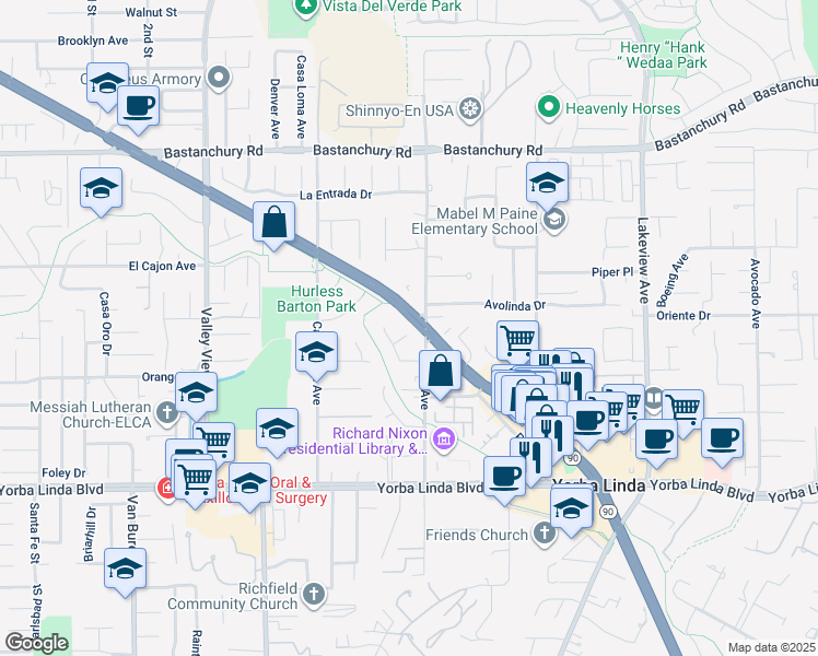 map of restaurants, bars, coffee shops, grocery stores, and more near 17961 Sequoia Circle in Yorba Linda
