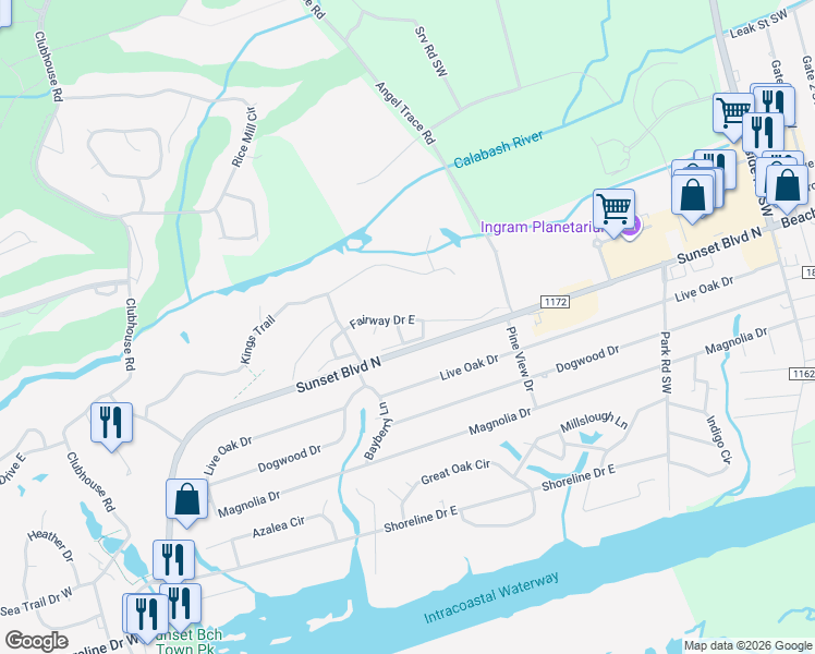 map of restaurants, bars, coffee shops, grocery stores, and more near 705 Fairway Drive East in Sunset Beach