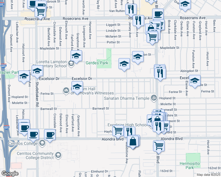 map of restaurants, bars, coffee shops, grocery stores, and more near 15106 McRae Avenue in Norwalk