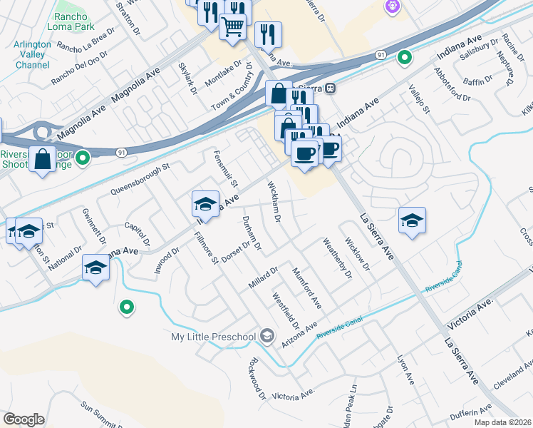 map of restaurants, bars, coffee shops, grocery stores, and more near 11300 Churchill Drive in Riverside