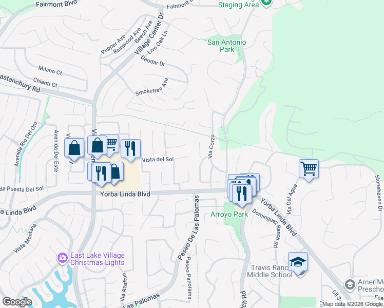 map of restaurants, bars, coffee shops, grocery stores, and more near 4760 Vía Amante in Yorba Linda