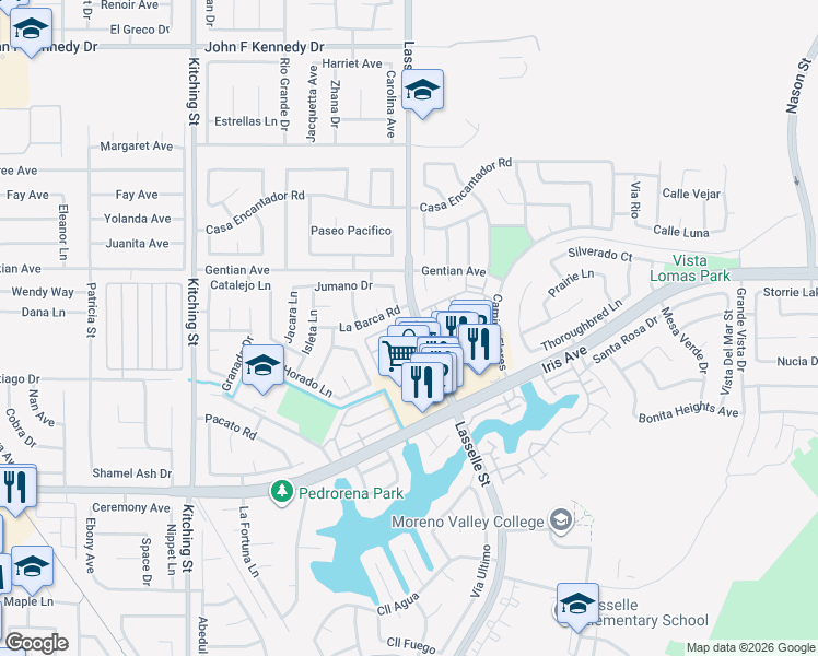 map of restaurants, bars, coffee shops, grocery stores, and more near 15601 Lasselle Street in Moreno Valley