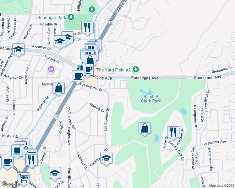 map of restaurants, bars, coffee shops, grocery stores, and more near 8621 Hillcrest Road in Buena Park