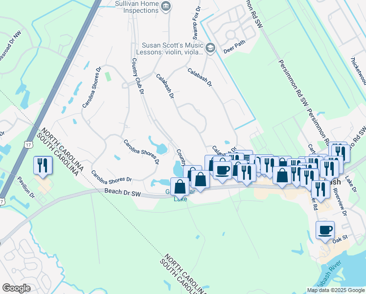 map of restaurants, bars, coffee shops, grocery stores, and more near 36 Gate 3 in Carolina Shores