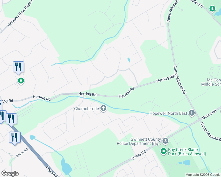 map of restaurants, bars, coffee shops, grocery stores, and more near 390 Herring Road in Grayson