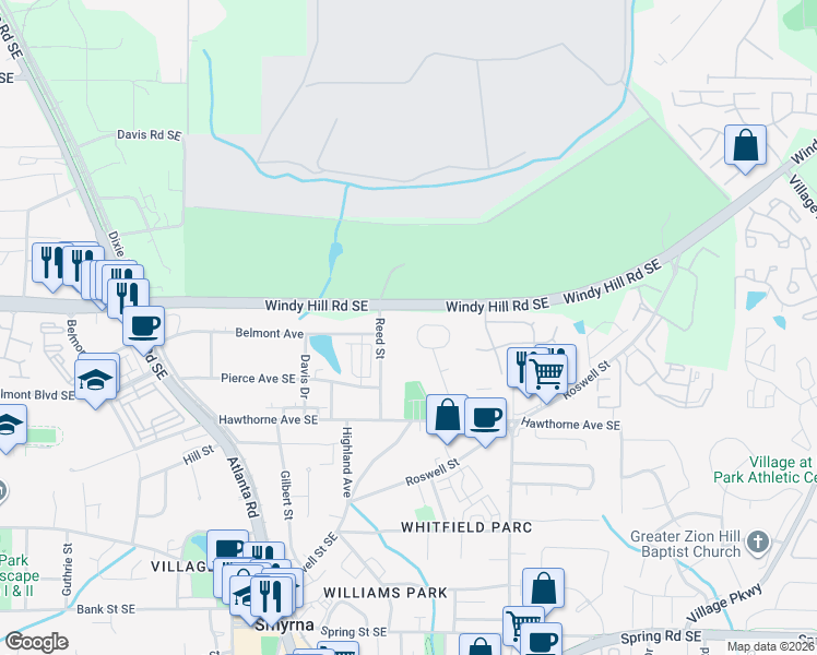 map of restaurants, bars, coffee shops, grocery stores, and more near 2405 Reed Street in Smyrna