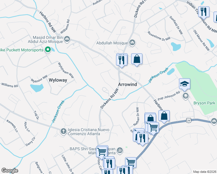 map of restaurants, bars, coffee shops, grocery stores, and more near 5485 Arrowind Road Northwest in Lilburn