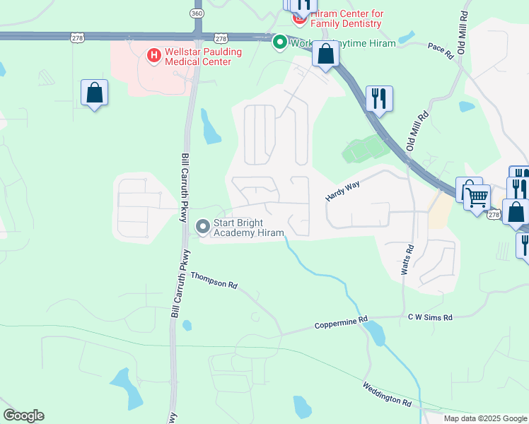 map of restaurants, bars, coffee shops, grocery stores, and more near 28 Greystone Ridge in Hiram