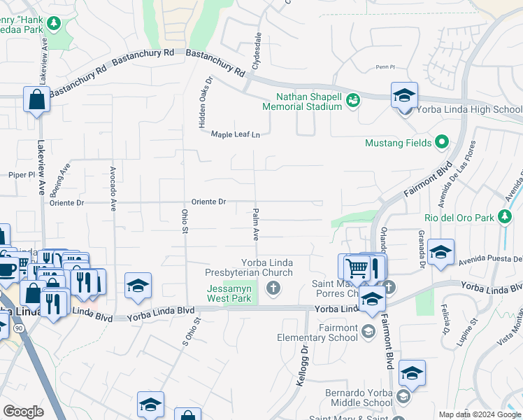 map of restaurants, bars, coffee shops, grocery stores, and more near 19345 Countrywood Drive in Yorba Linda
