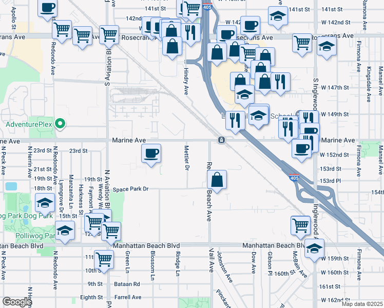 map of restaurants, bars, coffee shops, grocery stores, and more near 2 Marine Avenue in Redondo Beach
