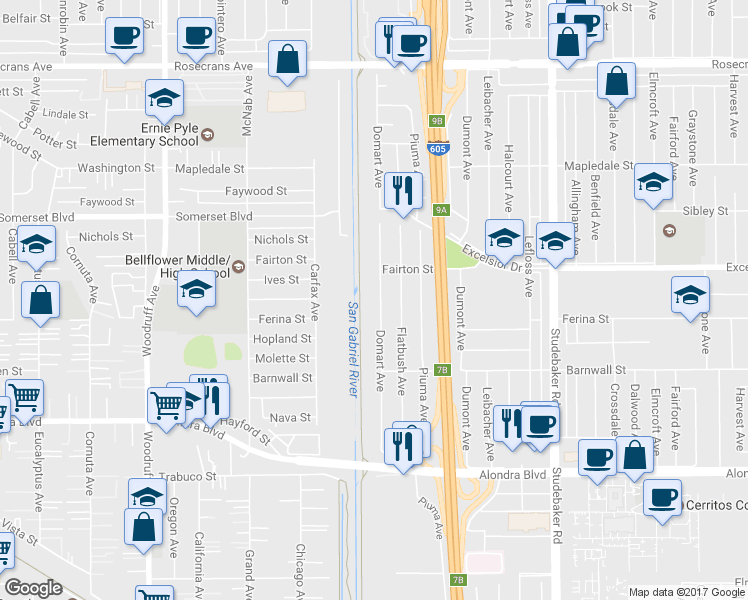 map of restaurants, bars, coffee shops, grocery stores, and more near 15105 Domart Avenue in Norwalk