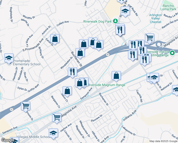 map of restaurants, bars, coffee shops, grocery stores, and more near 3883 Buchanan Street in Riverside