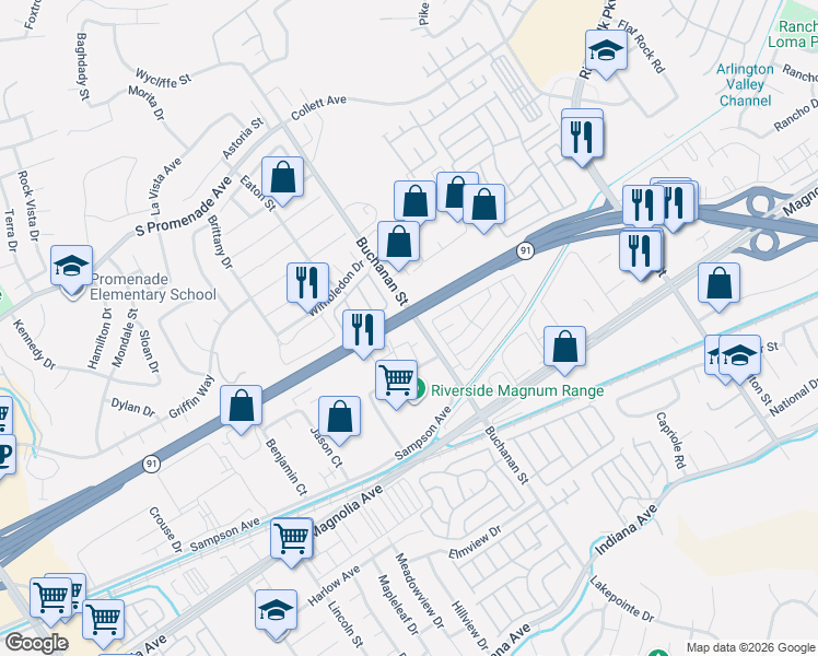 map of restaurants, bars, coffee shops, grocery stores, and more near 12335 Doherty Street in Riverside