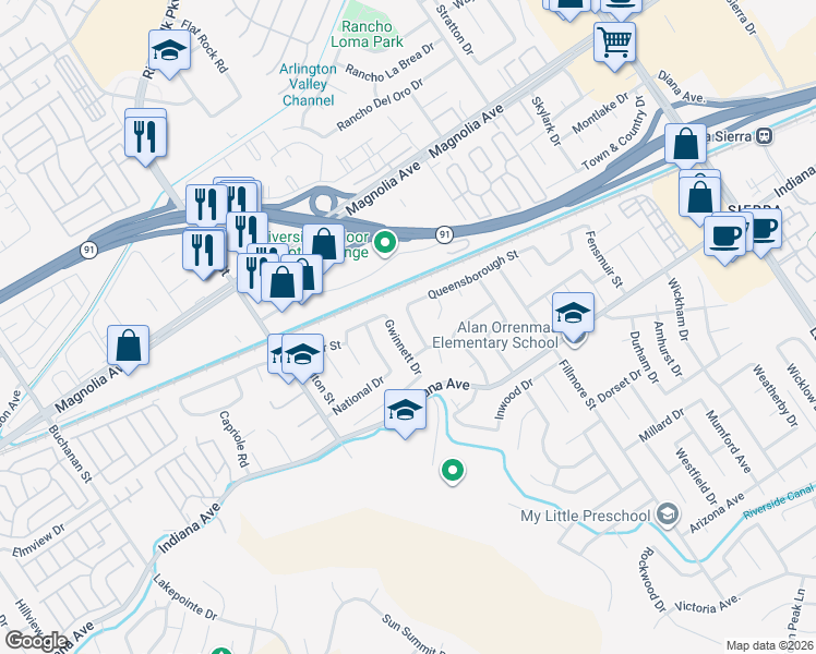 map of restaurants, bars, coffee shops, grocery stores, and more near 3570 Gettysburg Drive in Riverside