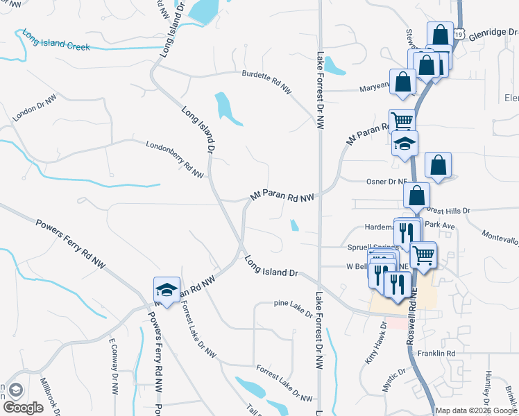 map of restaurants, bars, coffee shops, grocery stores, and more near 98 Mount Paran Road Northwest in Sandy Springs