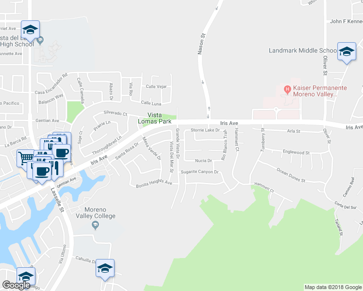 map of restaurants, bars, coffee shops, grocery stores, and more near 15647 Poncha Springs Way in Moreno Valley