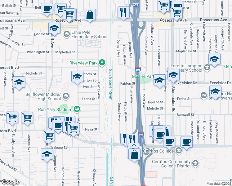 map of restaurants, bars, coffee shops, grocery stores, and more near 15105 Domart Avenue in Norwalk