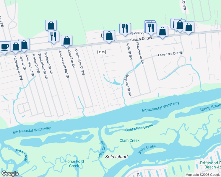 map of restaurants, bars, coffee shops, grocery stores, and more near 1931 Ocean Haven Road Southwest in Ocean Isle Beach