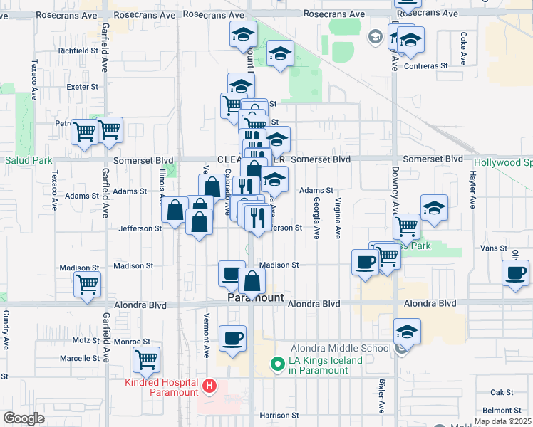 map of restaurants, bars, coffee shops, grocery stores, and more near 15339 California Avenue in Paramount