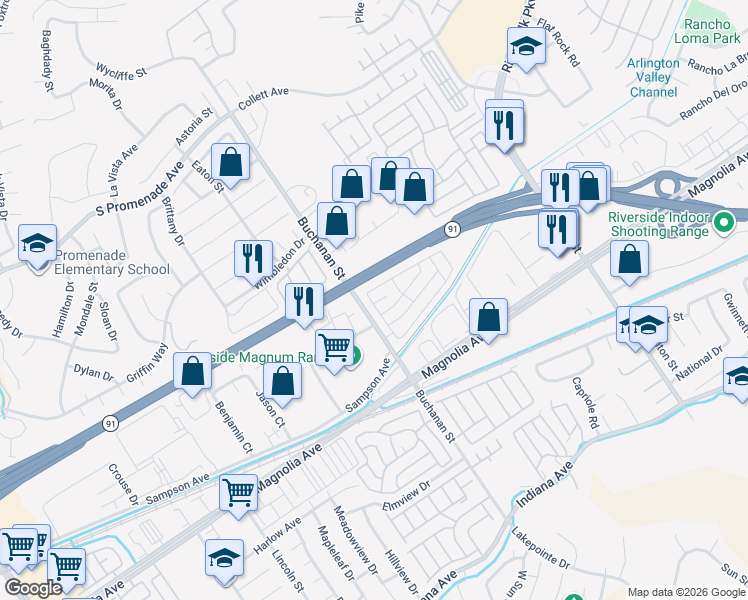 map of restaurants, bars, coffee shops, grocery stores, and more near Sierra Pines Mobile Home Park in Riverside