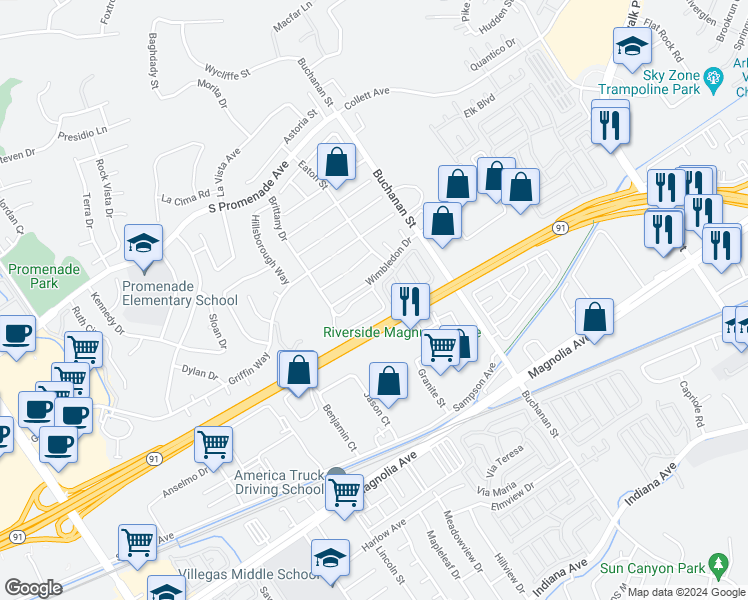 map of restaurants, bars, coffee shops, grocery stores, and more near 350 Vía Capri in Corona
