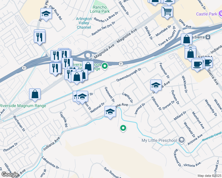 map of restaurants, bars, coffee shops, grocery stores, and more near 3570 Gettysburg Drive in Riverside