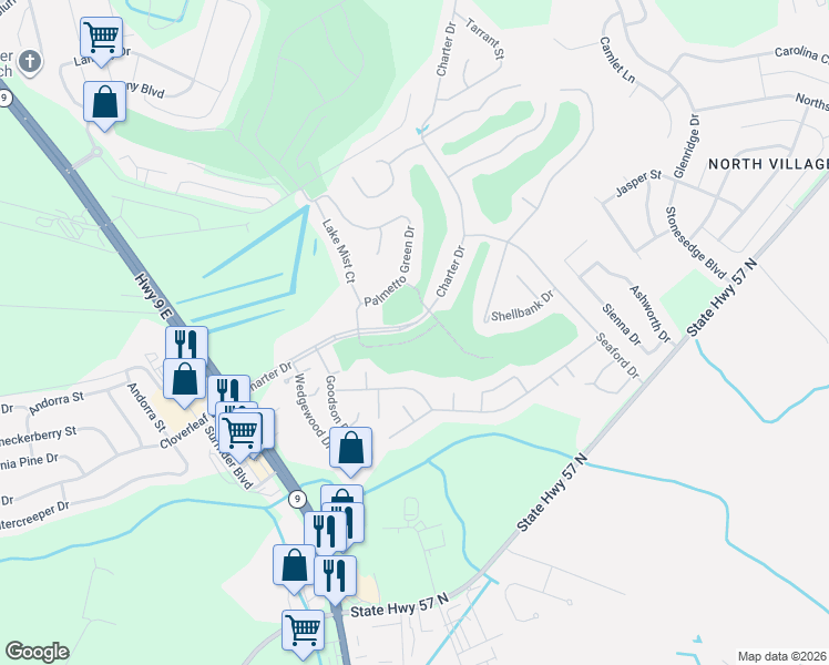 map of restaurants, bars, coffee shops, grocery stores, and more near 297 Charter Drive in Longs