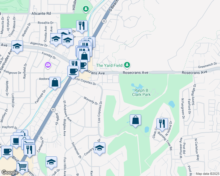 map of restaurants, bars, coffee shops, grocery stores, and more near 8621 Hillcrest Road in Buena Park