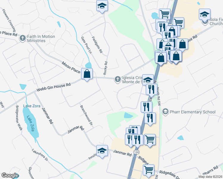 map of restaurants, bars, coffee shops, grocery stores, and more near 1354 Litchfield Road Southwest in Snellville