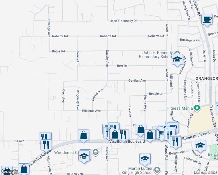 map of restaurants, bars, coffee shops, grocery stores, and more near 15515 Russel Avenue in Riverside