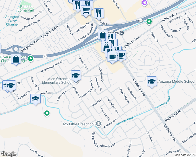 map of restaurants, bars, coffee shops, grocery stores, and more near 11300 Churchill Drive in Riverside