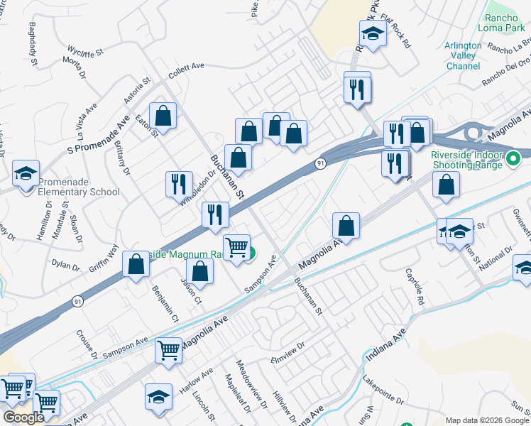 map of restaurants, bars, coffee shops, grocery stores, and more near Sierra Pines Mobile Home Park in Riverside